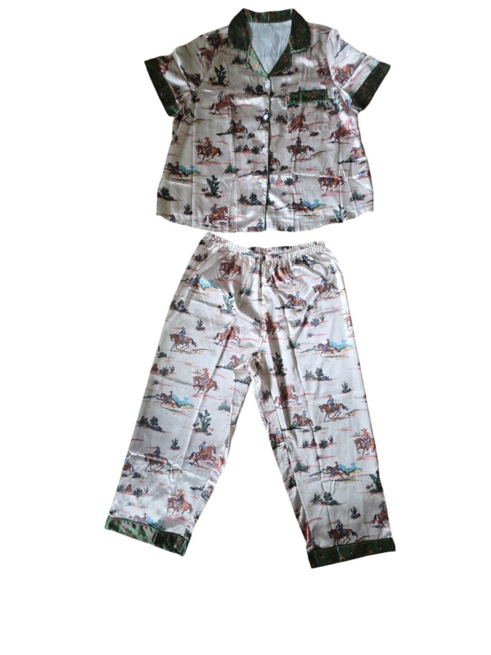SHEIN 2XL Western Cowboy Satin Pajama Set Sleepwear Top Pants EUC